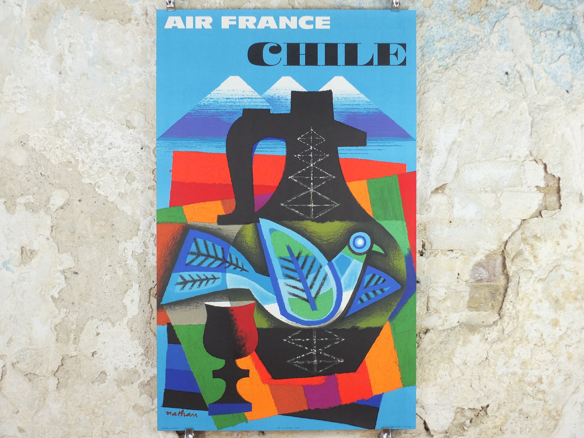 Original 1962 Air France Chile Poster – Jacques Nathan-Garamond Lithograph