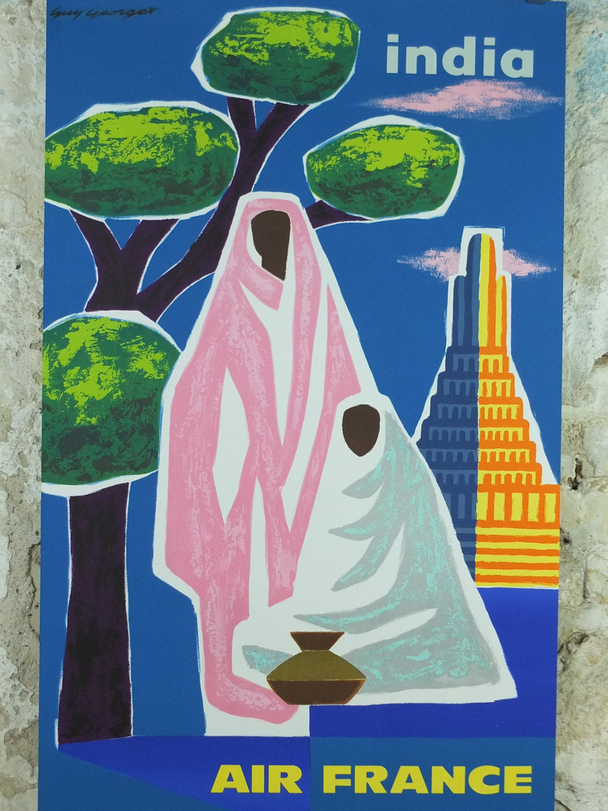 Original 1962 Air France India Travel Poster – Guy Georget Lithograph