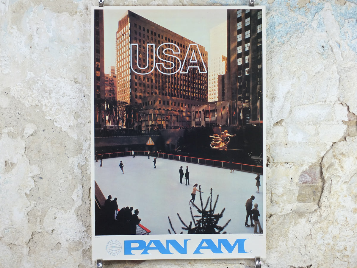 Original 1970 Pan Am USA New York Travel Poster – Rockefeller Center