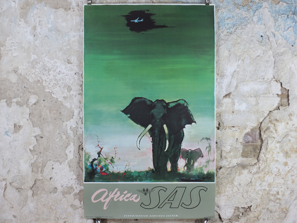 Original c.1958 SAS Africa Elephant Travel Poster by Otto Nielsen