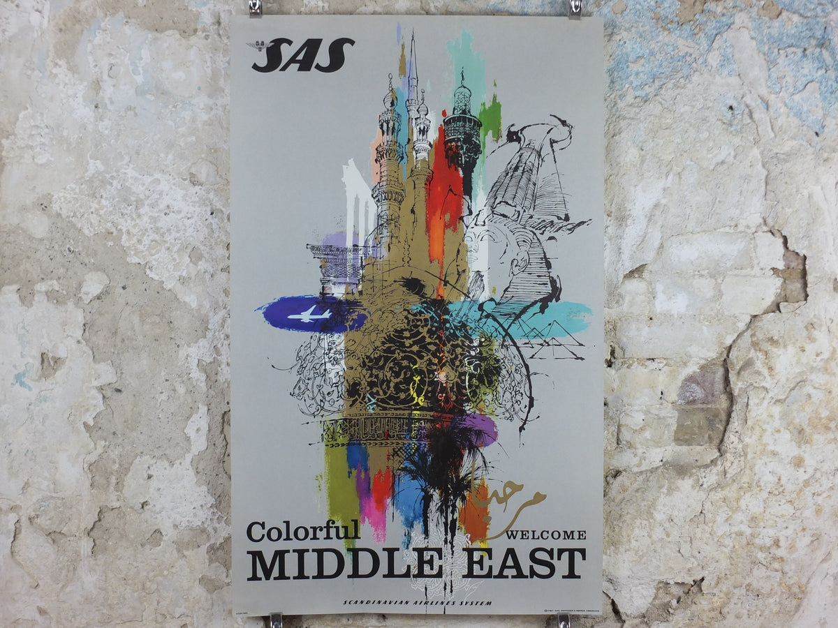 Original c.1958 SAS Colorful Middle East Travel Poster by Otto Nielsen