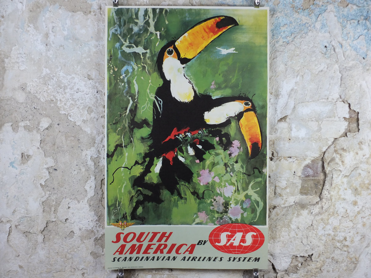Original c.1958 SAS South America Toucan Travel Poster by Otto Nielsen