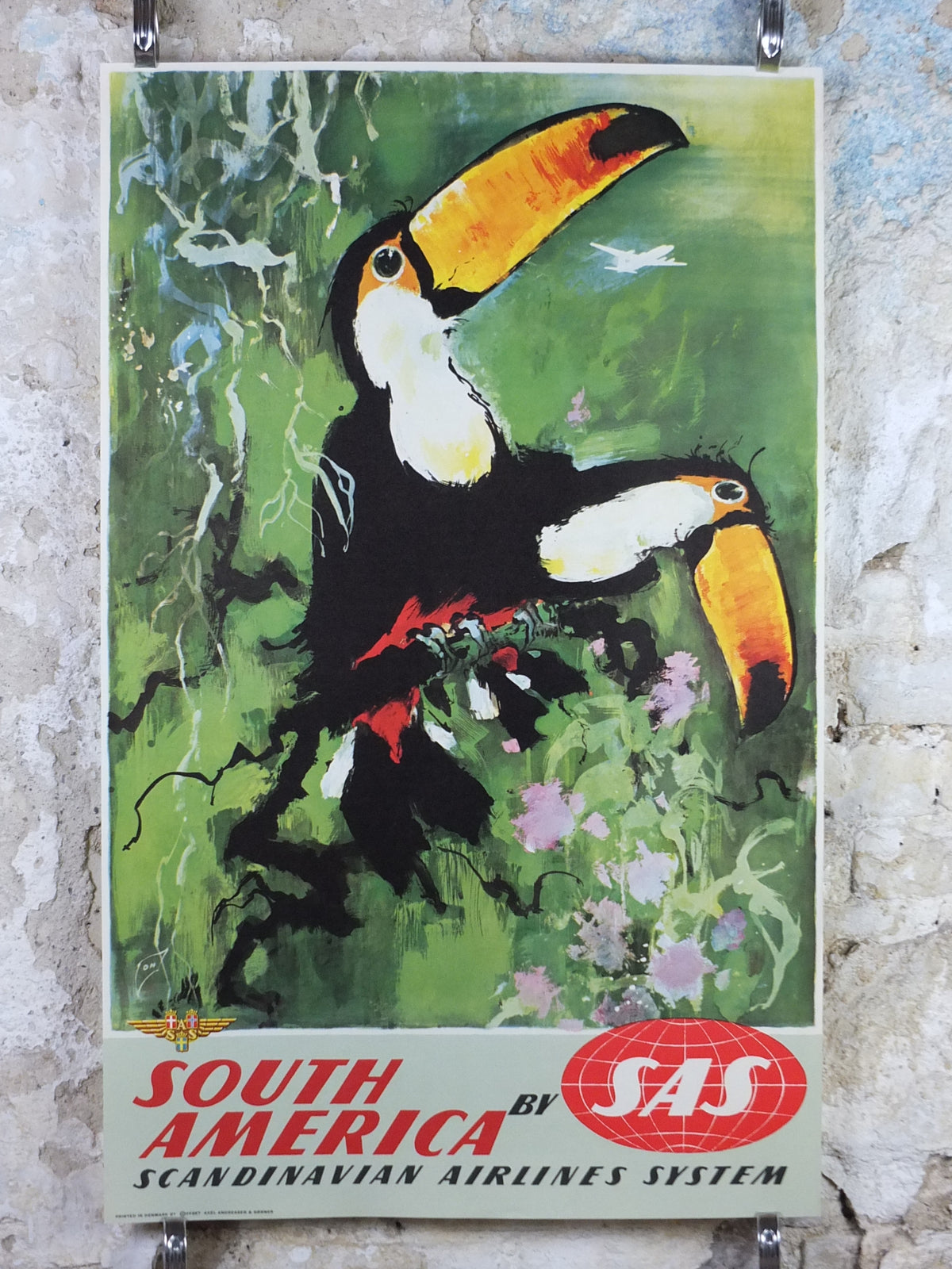 Original c.1958 SAS South America Toucan Travel Poster by Otto Nielsen