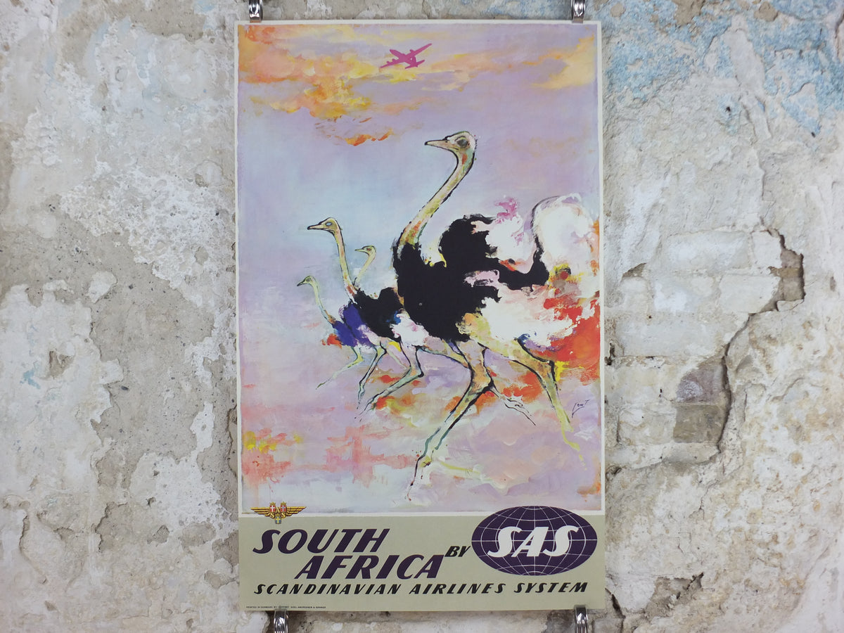 Original c.1958 SAS South Africa Ostrich Travel Poster by Otto Nielsen