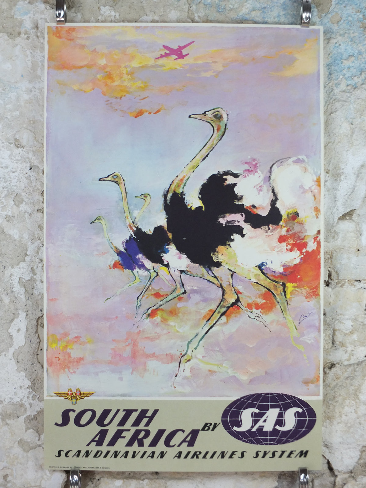 Original c.1958 SAS South Africa Ostrich Travel Poster by Otto Nielsen