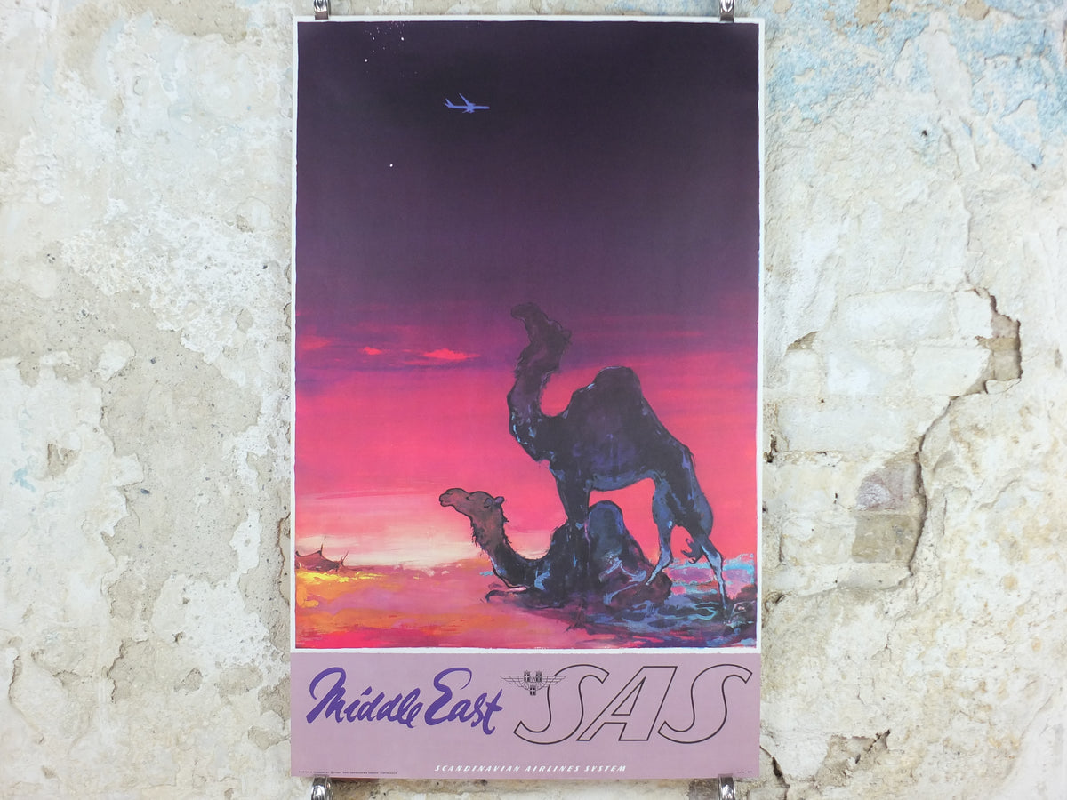 Original c.1955 SAS Middle East Camel Travel Poster by Otto Nielsen