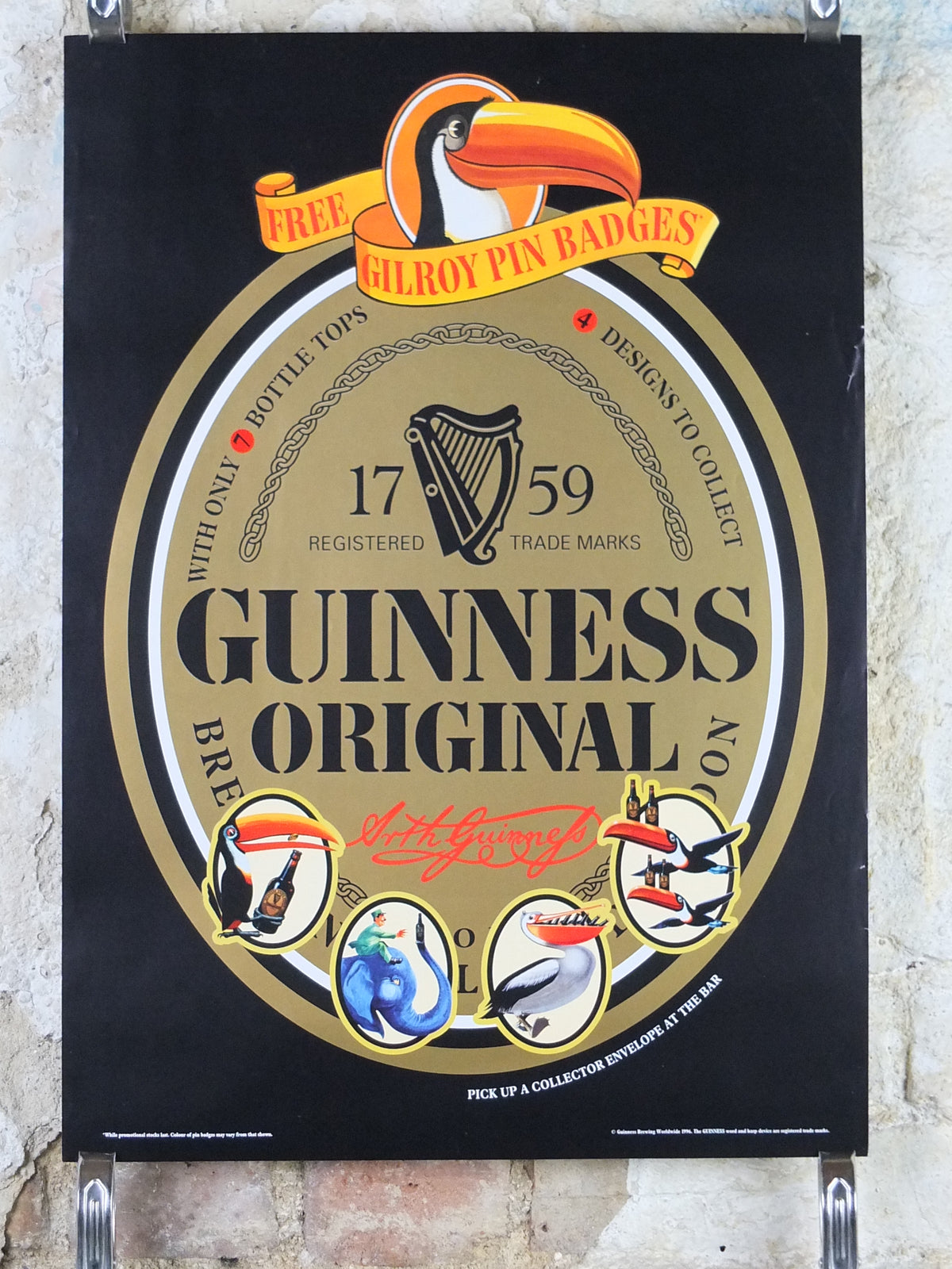 1996 Guinness Original Poster – Free Gilroy Pin Badges, Toucan & Animal Advertising