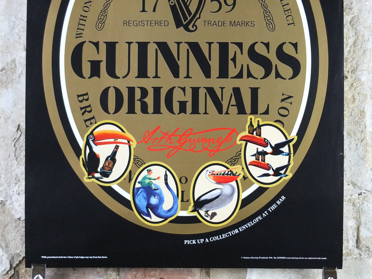 1996 Guinness Original Poster – Free Gilroy Pin Badges, Toucan & Animal Advertising