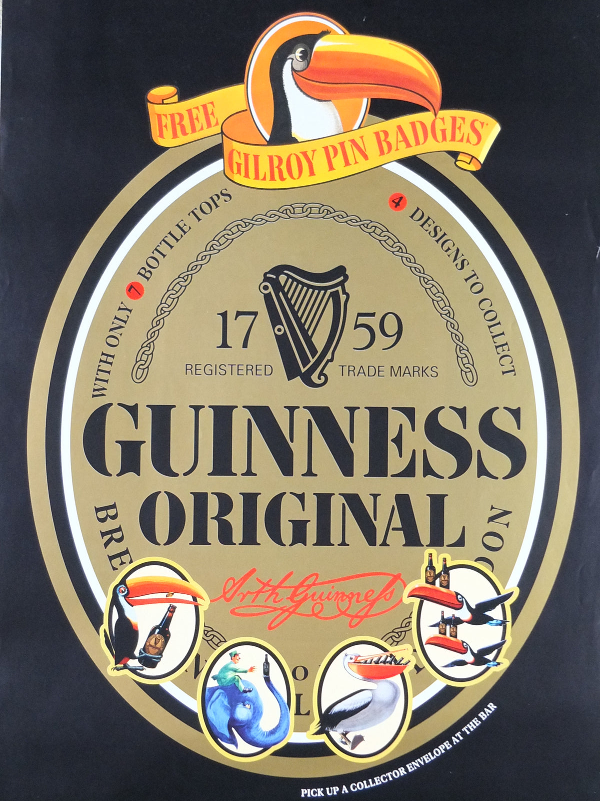 1996 Guinness Original Poster – Free Gilroy Pin Badges, Toucan & Animal Advertising