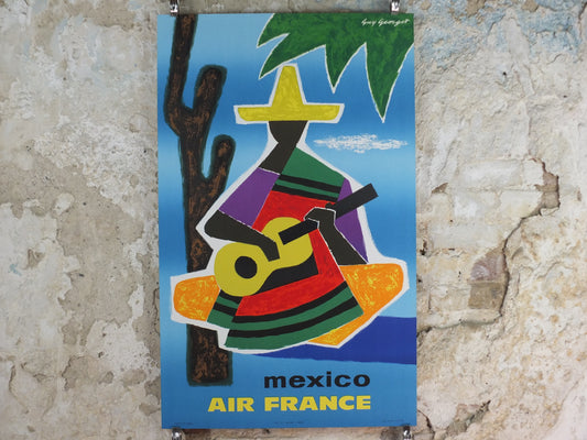 1962 Original Air France Mexico Travel Poster – Guy Georget Guitarist & Cactus