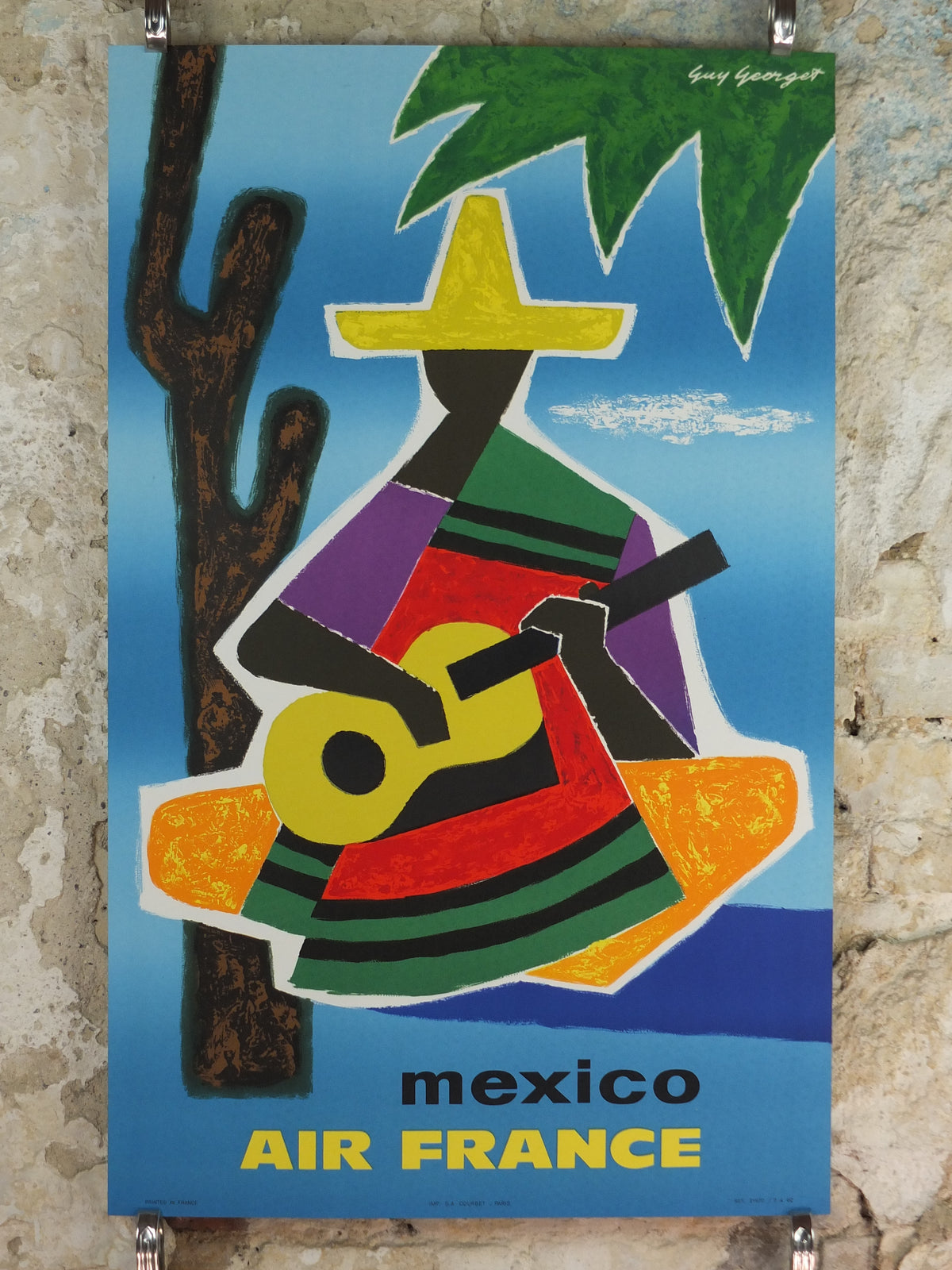 1962 Original Air France Mexico Travel Poster – Guy Georget Guitarist & Cactus