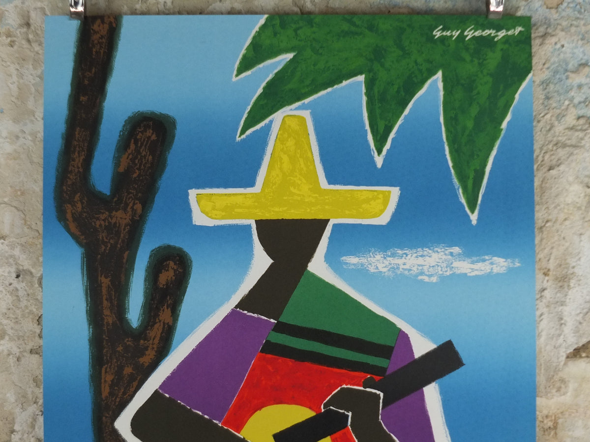 1962 Original Air France Mexico Travel Poster – Guy Georget Guitarist & Cactus