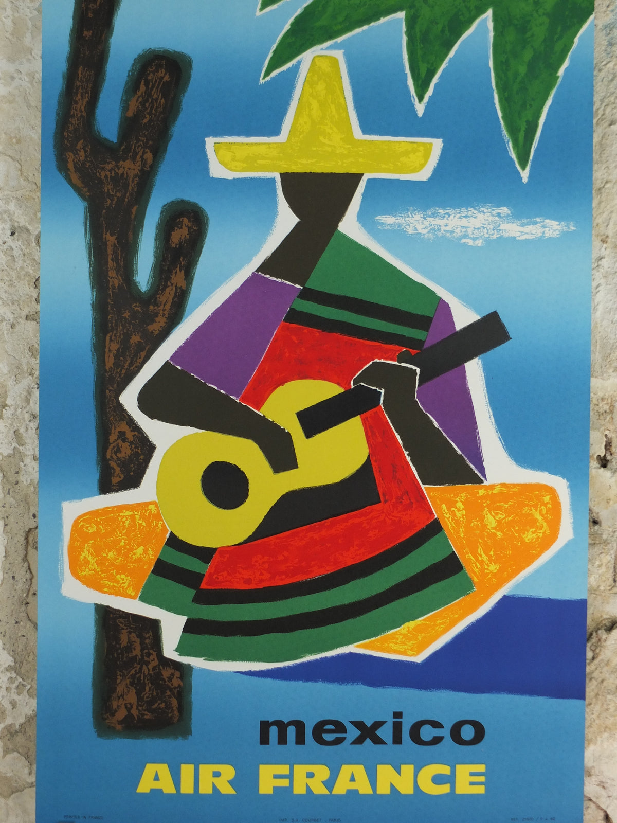 1962 Original Air France Mexico Travel Poster – Guy Georget Guitarist & Cactus