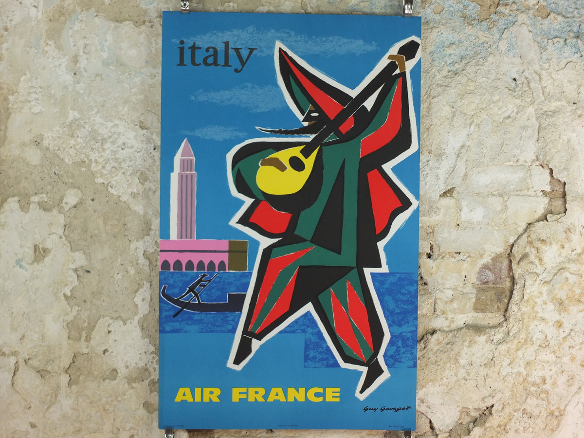 1962 Original Air France Italy Venice Travel Poster – Guy Georget Carnival Musician