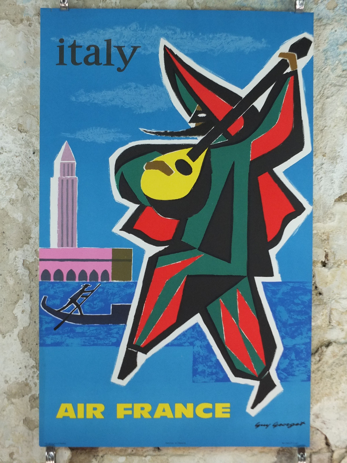 1962 Original Air France Italy Venice Travel Poster – Guy Georget Carnival Musician