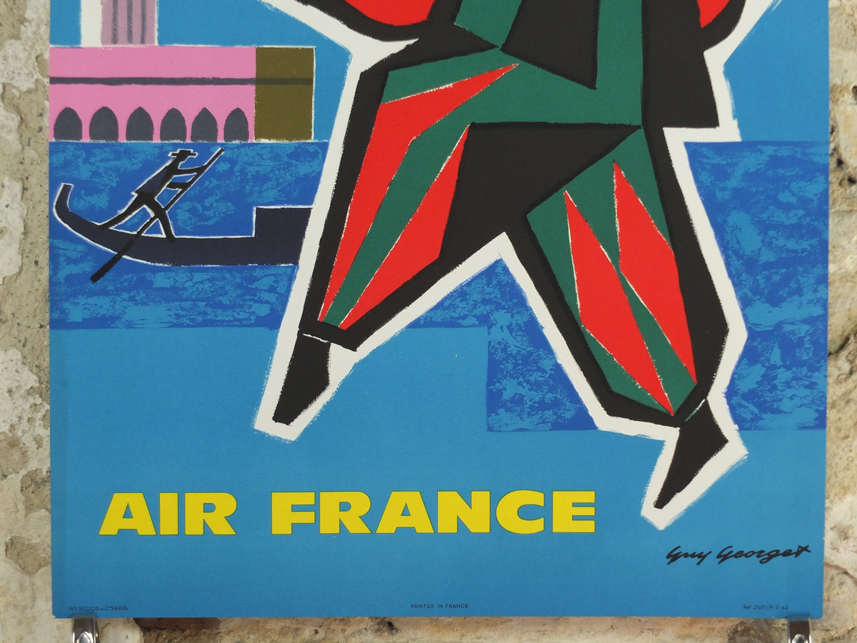 1962 Original Air France Italy Venice Travel Poster – Guy Georget Carnival Musician