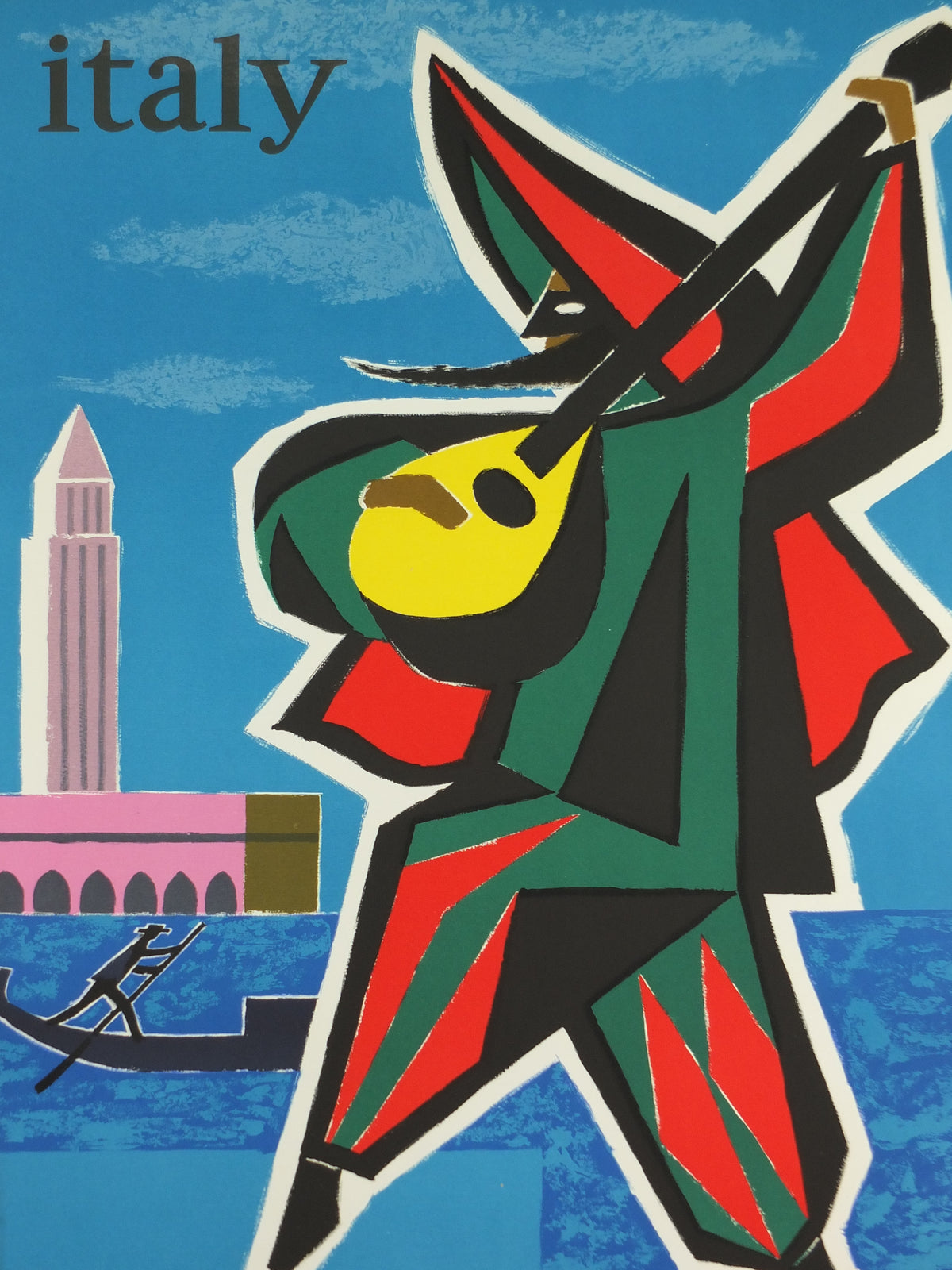 1962 Original Air France Italy Venice Travel Poster – Guy Georget Carnival Musician