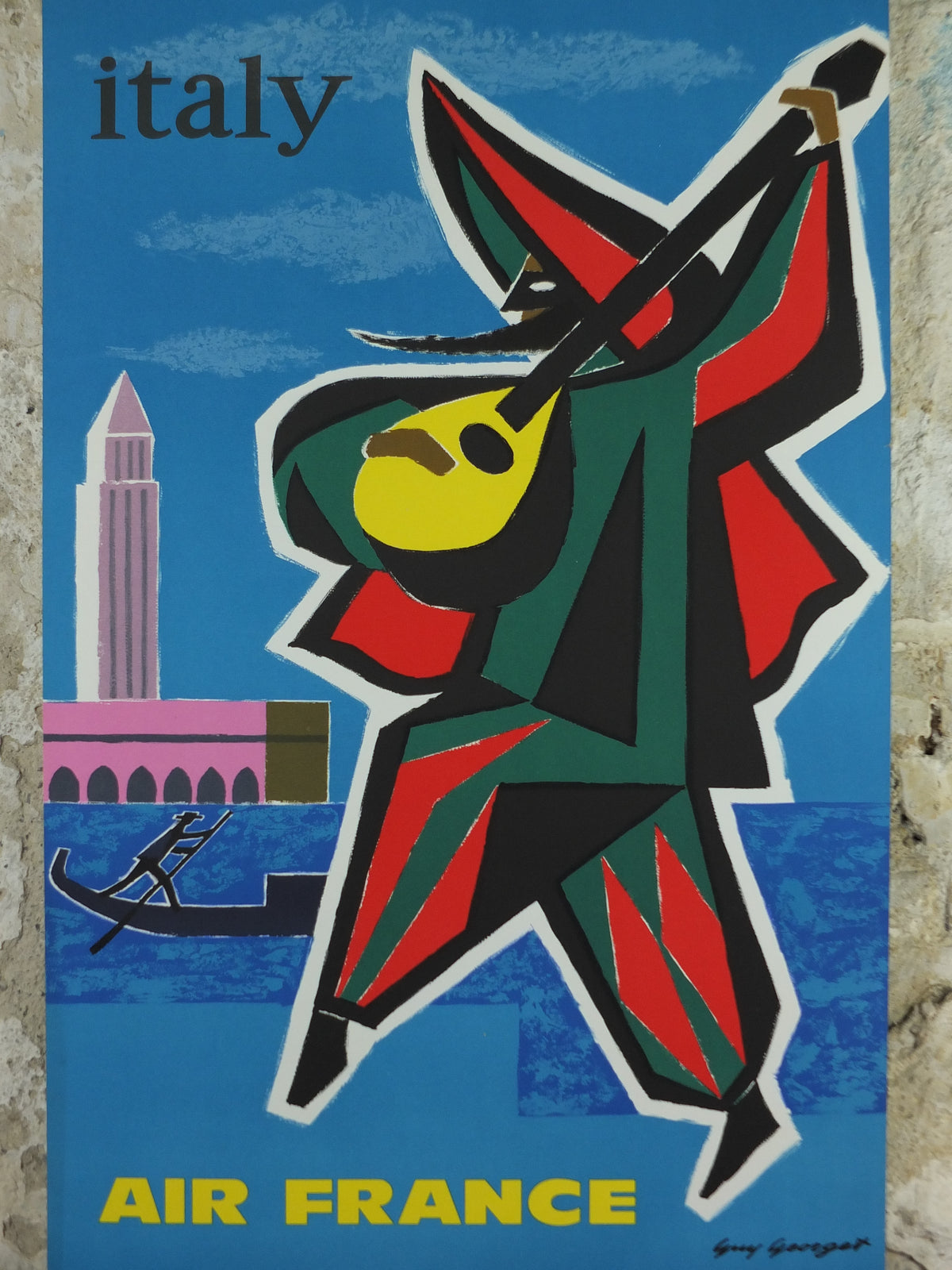 1962 Original Air France Italy Venice Travel Poster – Guy Georget Carnival Musician