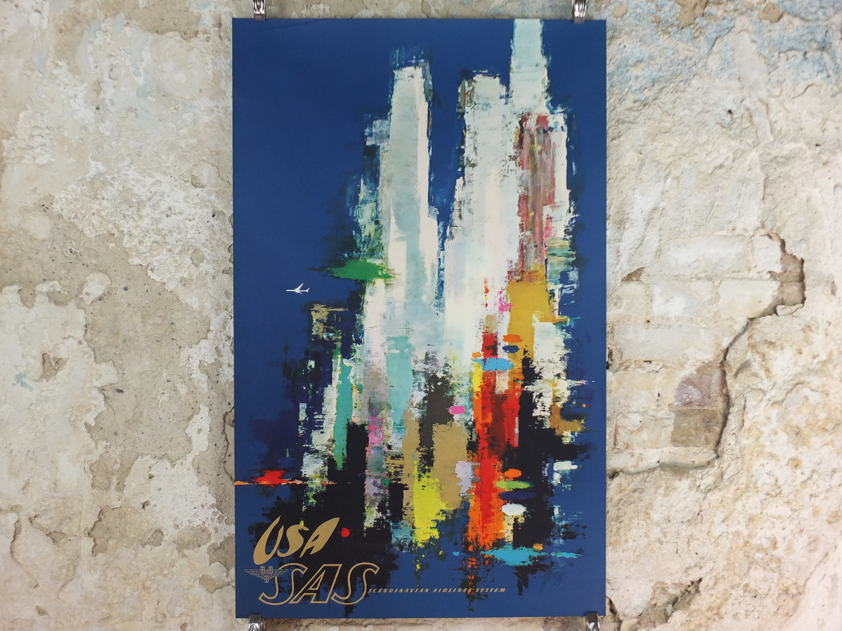 1960s Original SAS USA New York Travel Poster – Otto Nielsen Abstract Skyline