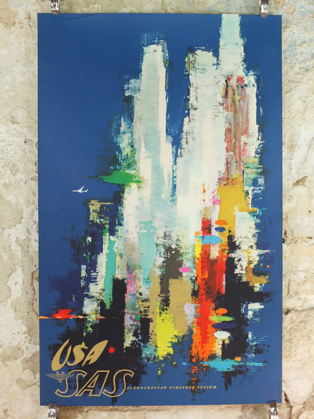 1960s Original SAS USA New York Travel Poster – Otto Nielsen Abstract Skyline