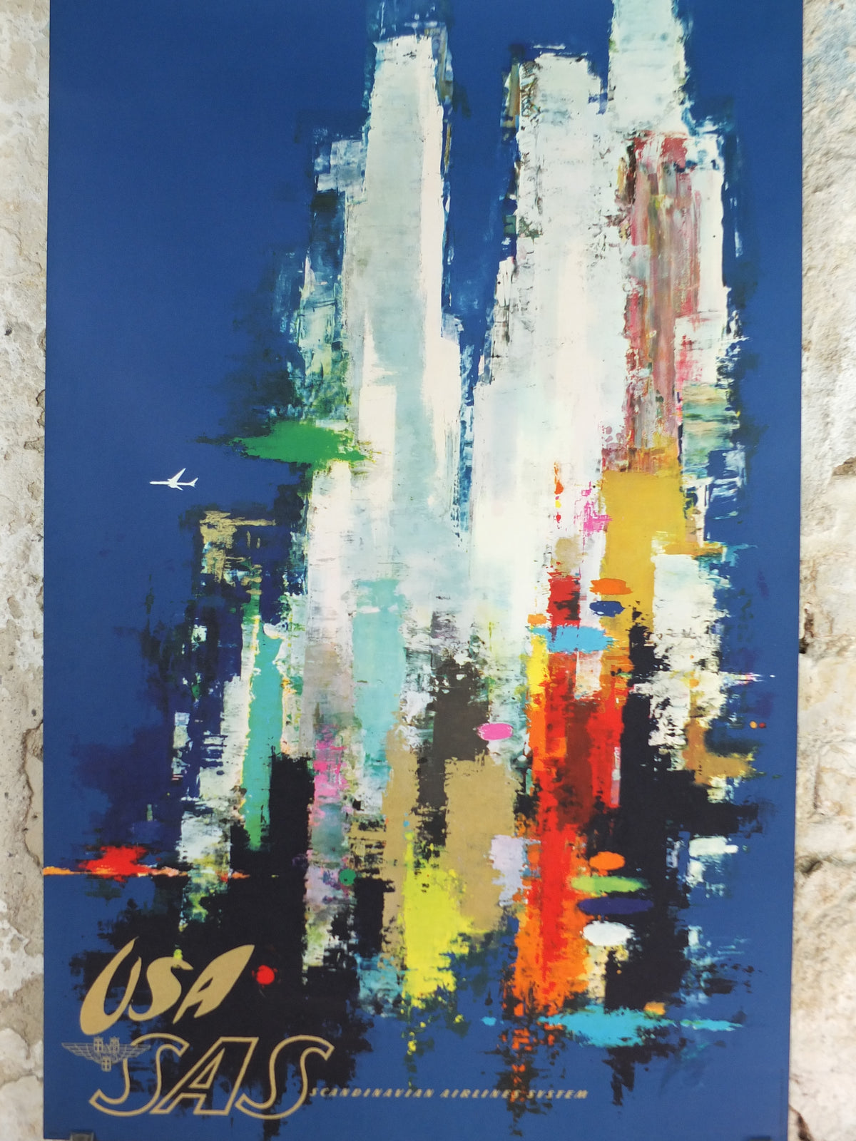 1960s Original SAS USA New York Travel Poster – Otto Nielsen Abstract Skyline