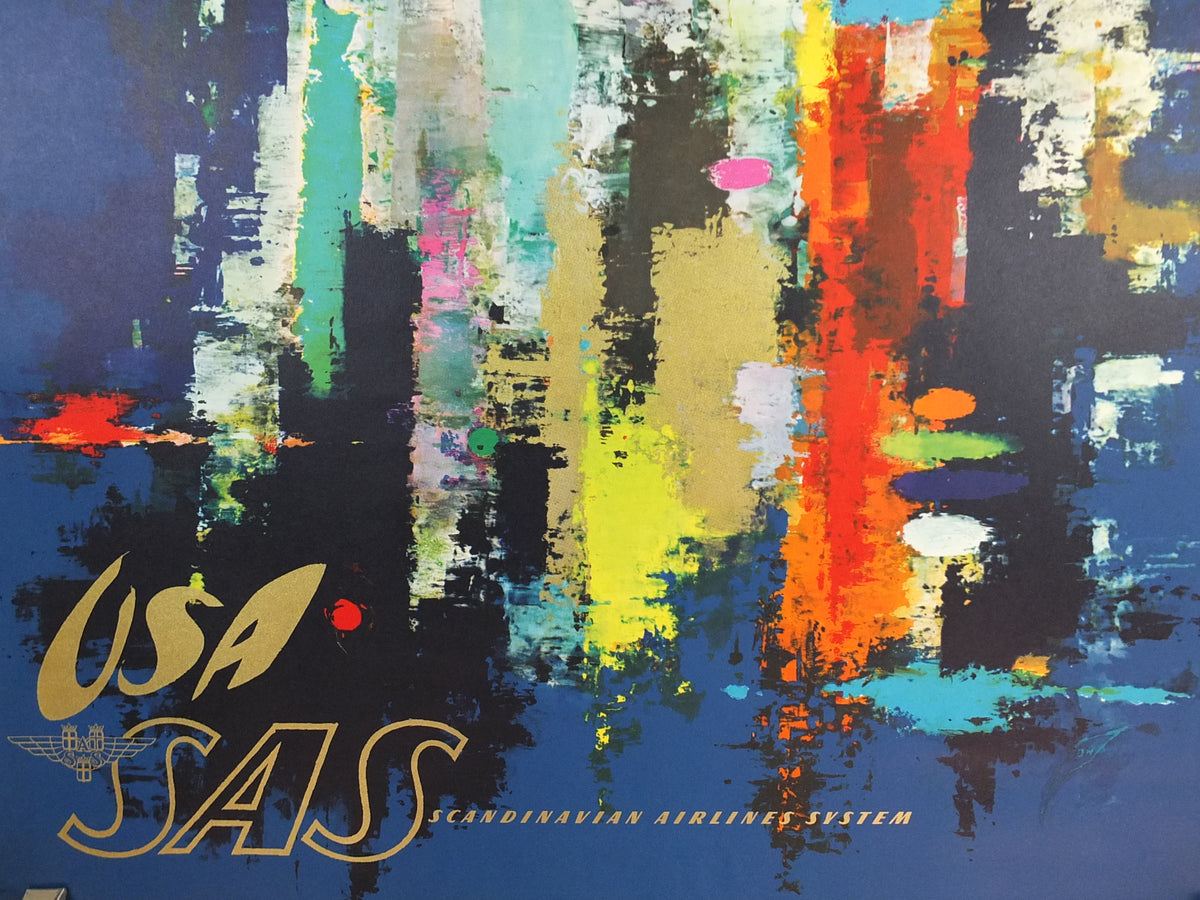 1960s Original SAS USA New York Travel Poster – Otto Nielsen Abstract Skyline