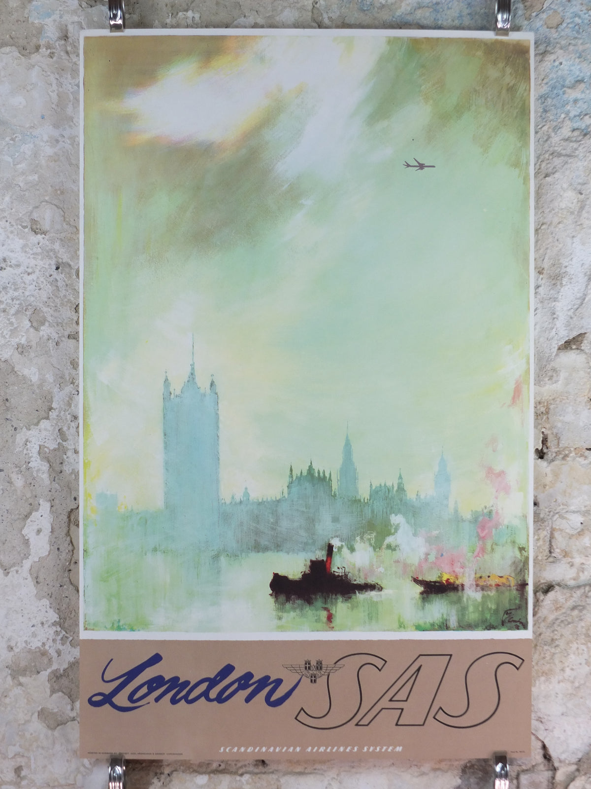 c.1960 Original SAS London Travel Poster – Otto Nielsen Westminster & River Thames