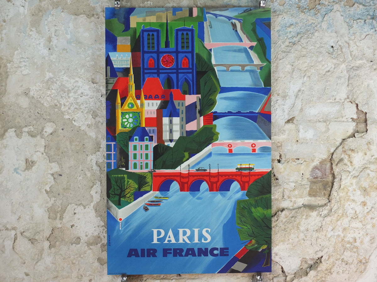 1961 Original Air France Paris Travel Poster – Vernier, Notre-Dame & River Seine