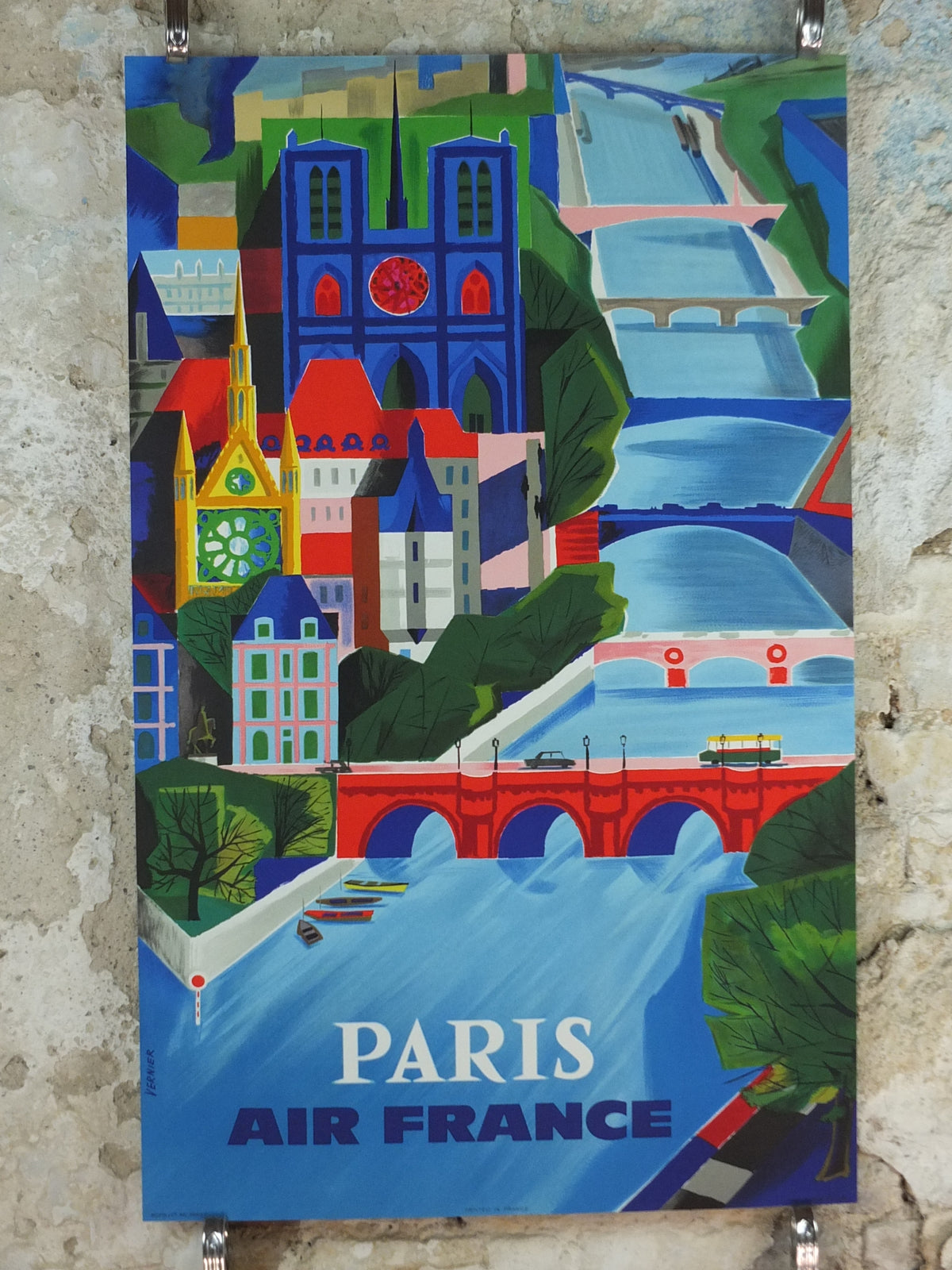 1961 Original Air France Paris Travel Poster – Vernier, Notre-Dame & River Seine