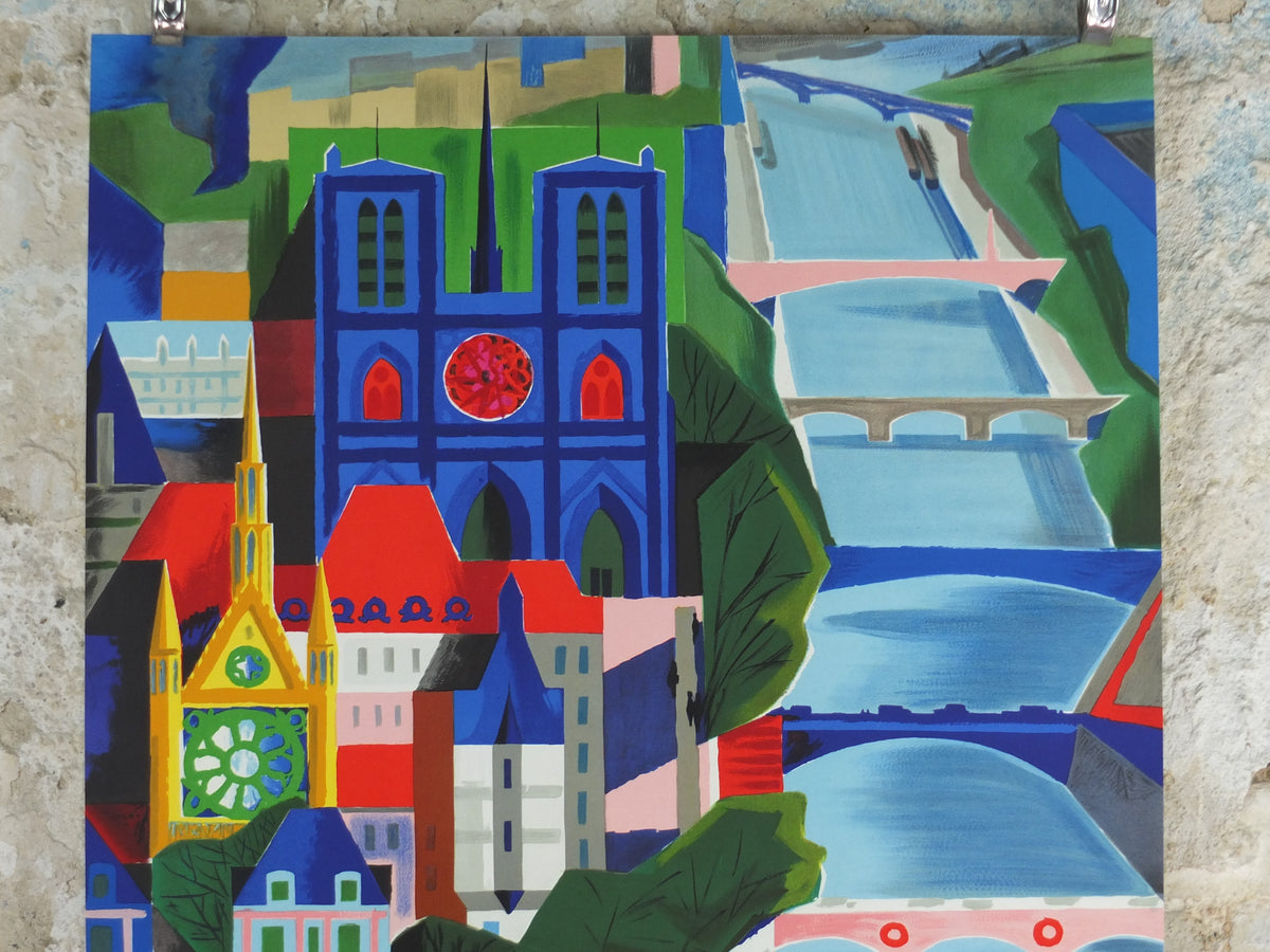 1961 Original Air France Paris Travel Poster – Vernier, Notre-Dame & River Seine