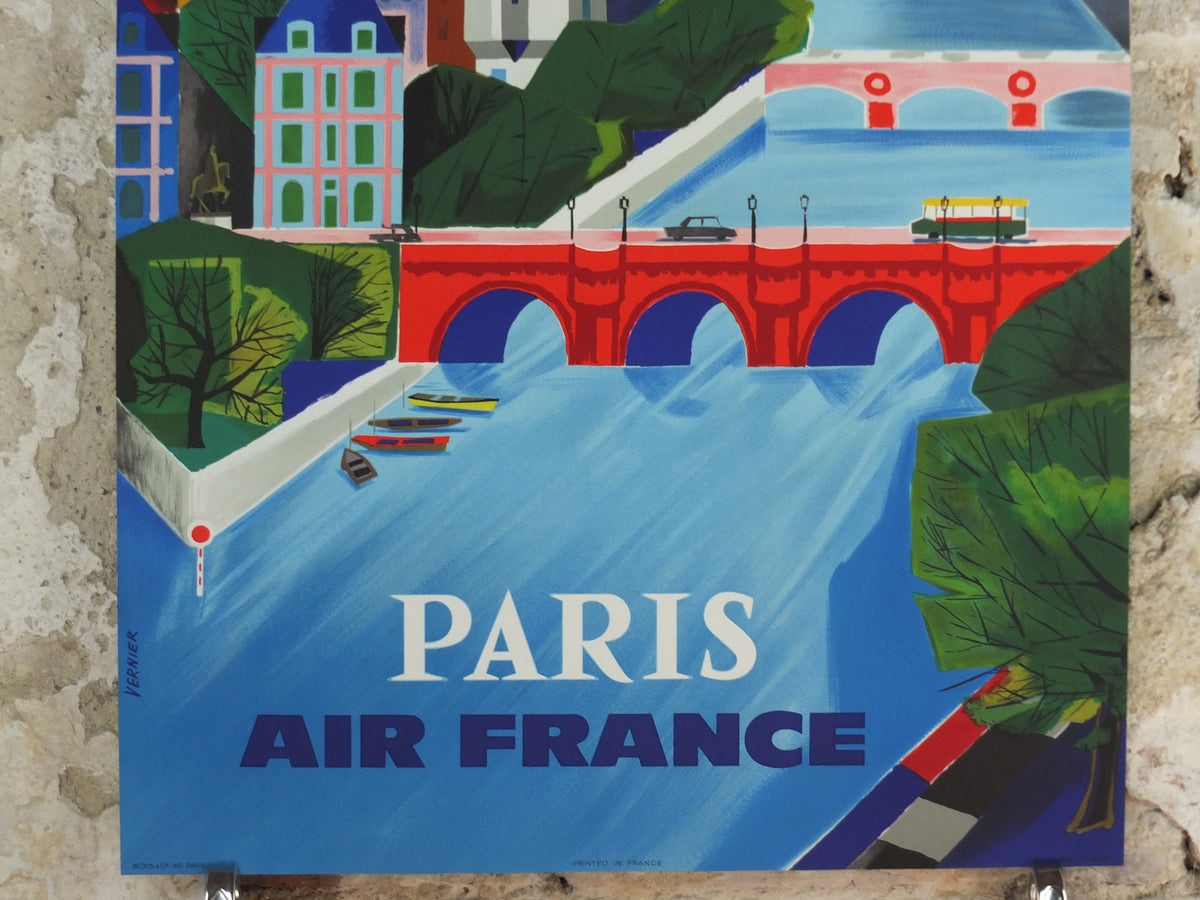 1961 Original Air France Paris Travel Poster – Vernier, Notre-Dame & River Seine