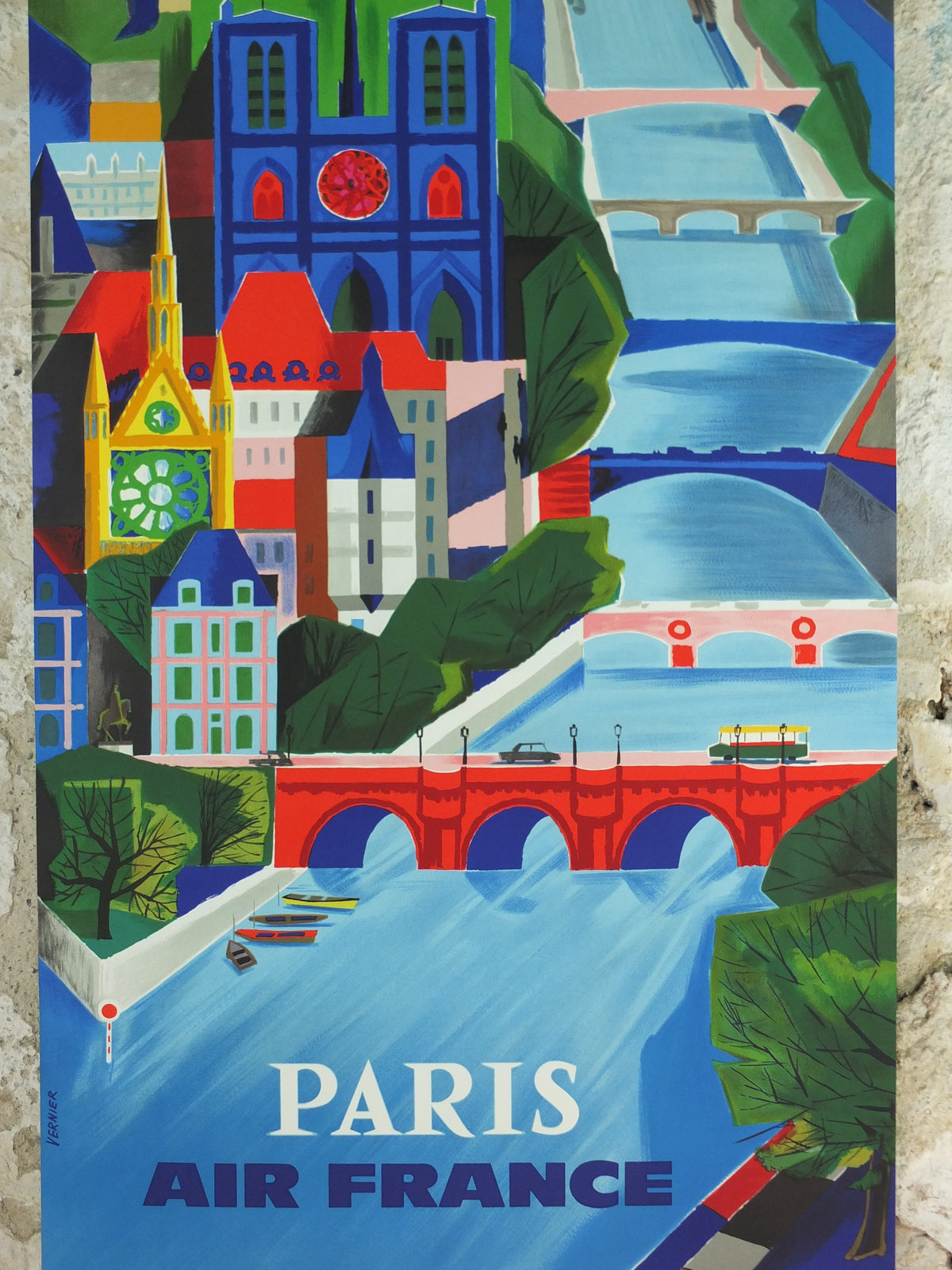 1961 Original Air France Paris Travel Poster – Vernier, Notre-Dame & River Seine