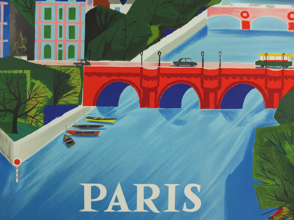 1961 Original Air France Paris Travel Poster – Vernier, Notre-Dame & River Seine