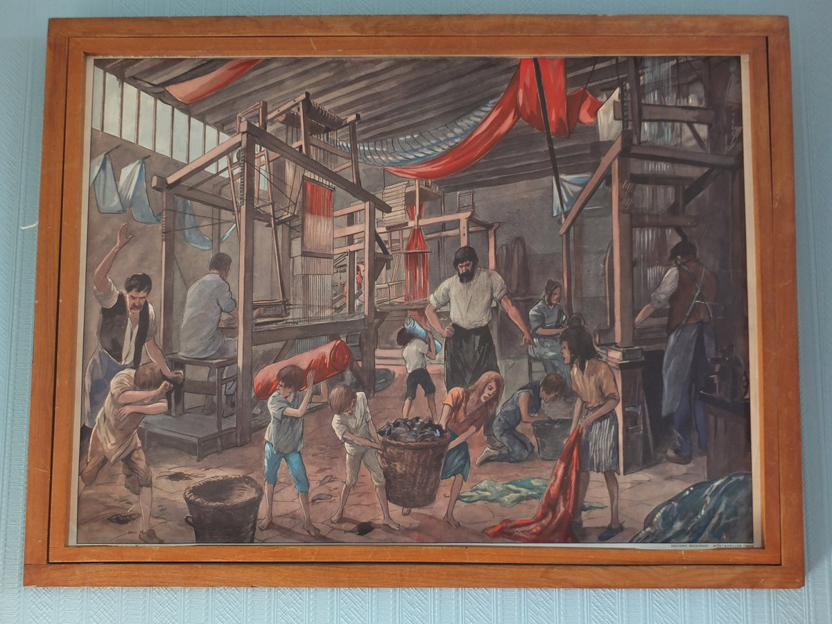 Vintage Rossignol double sided French school poster 1950s 1960s weaving cloth fashion materials wool cotton fabric dying colonialism Algeria