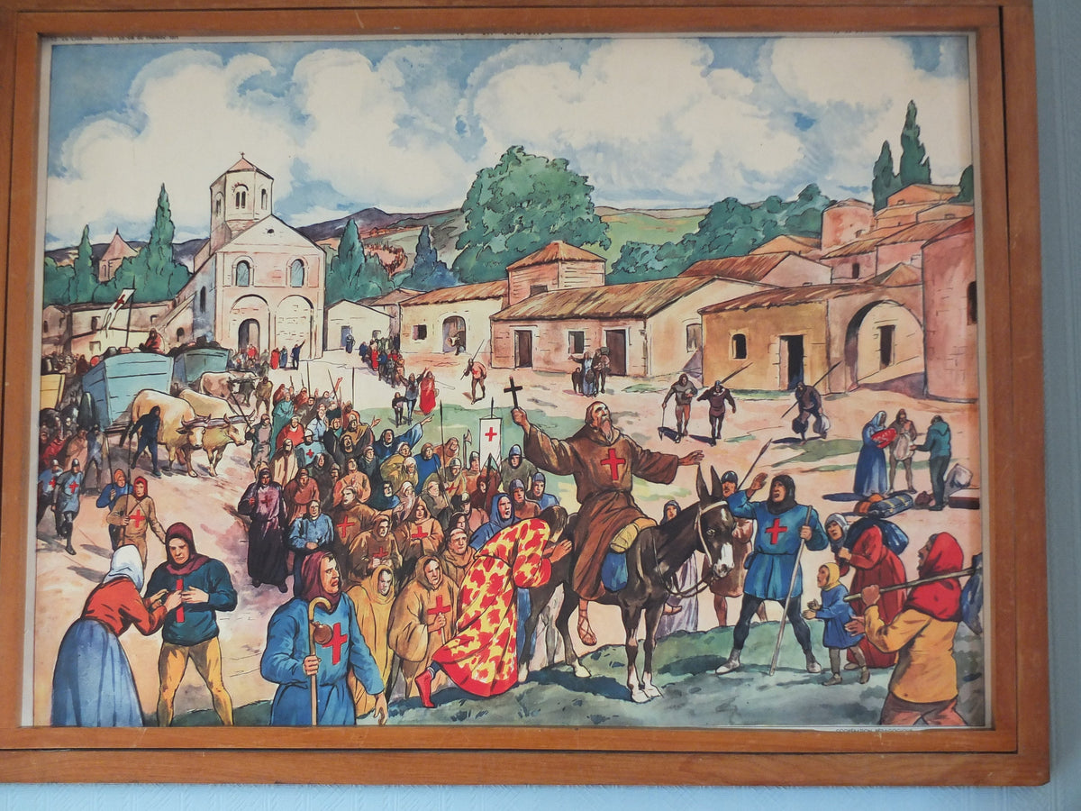 1960s French Crusades Poster, Vintage Rossignol double sided, castle interior red cross religious god christianity