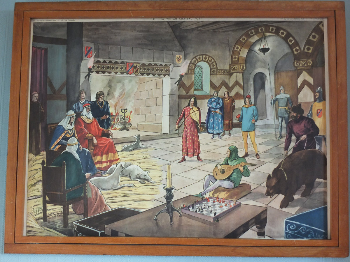 1960s French Crusades Poster, Vintage Rossignol double sided, castle interior red cross religious god christianity