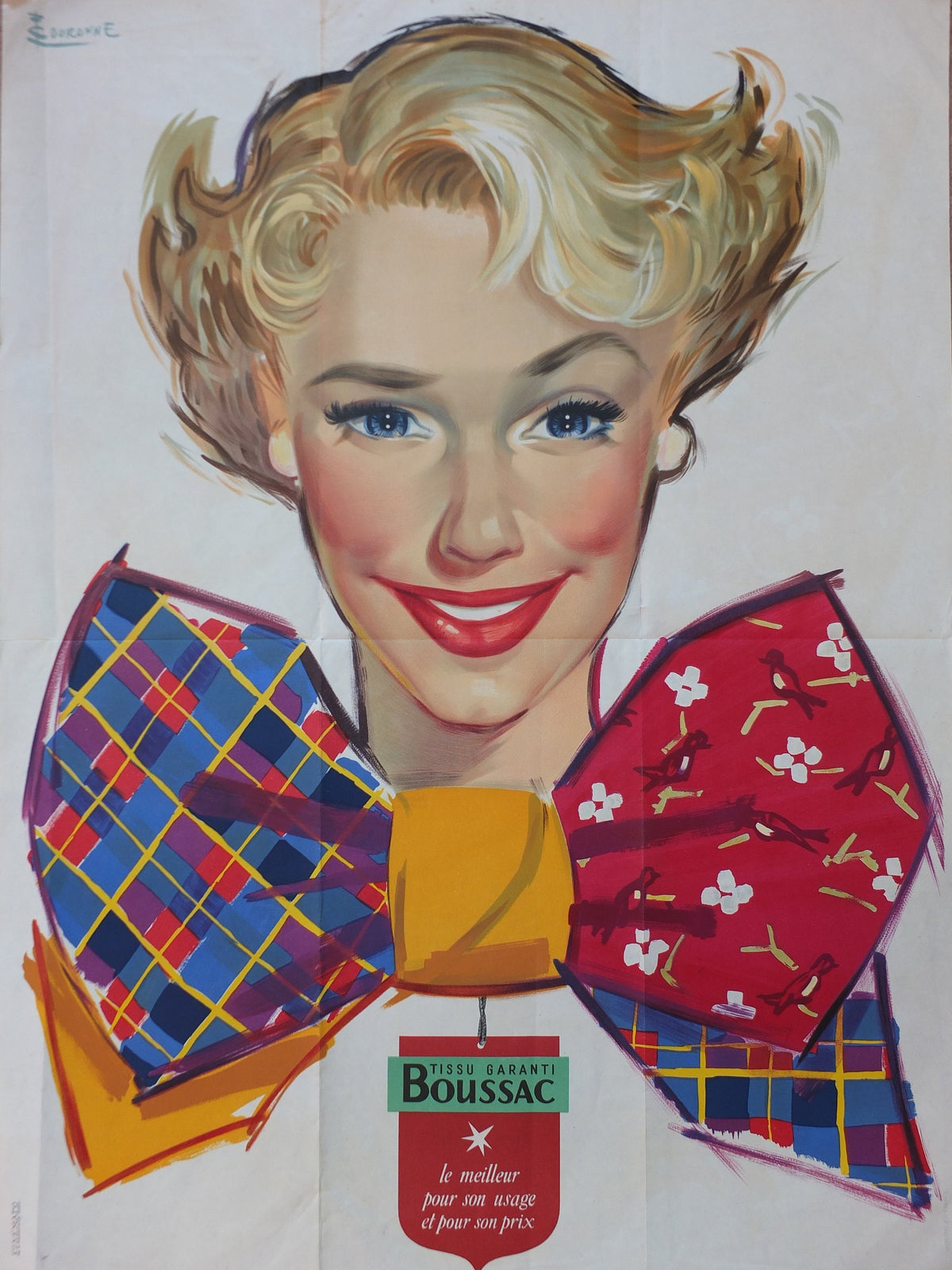 1954 Francoise by Pierre Couronne Poster, Vintage Tissu Garanti Boussac, advertising wall art decor, Kodachrome