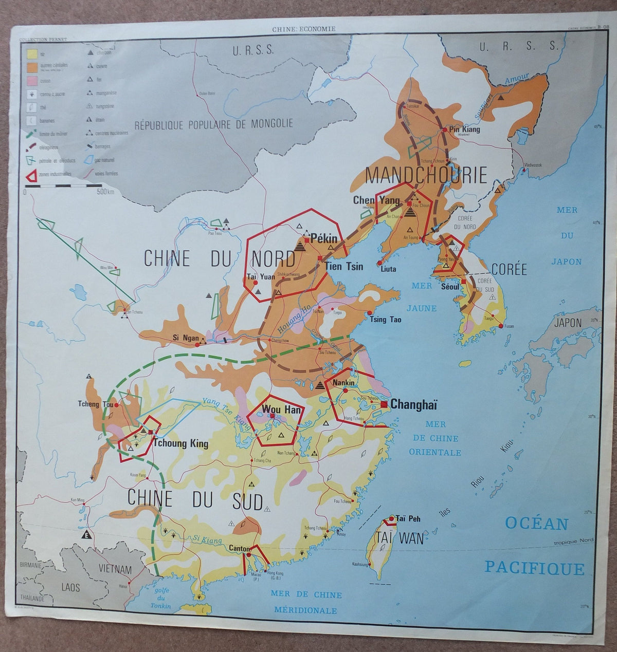 Vintage French map carte China India Pakistan economic relief collection Pernet Hanchette Oberthor double sided wall art retro