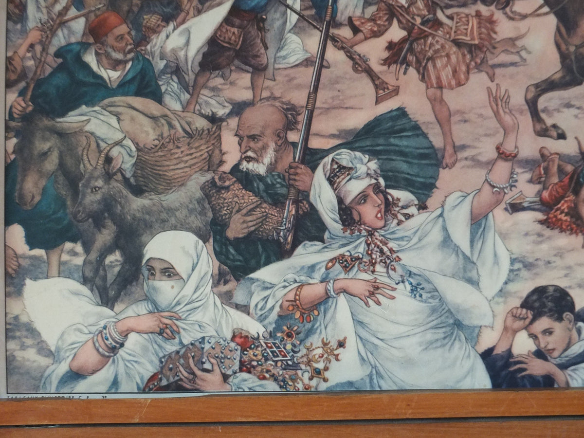 Vintage Rossignol double sided French school poster 1950s 1960s weaving cloth fashion materials wool cotton fabric dying colonialism Algeria
