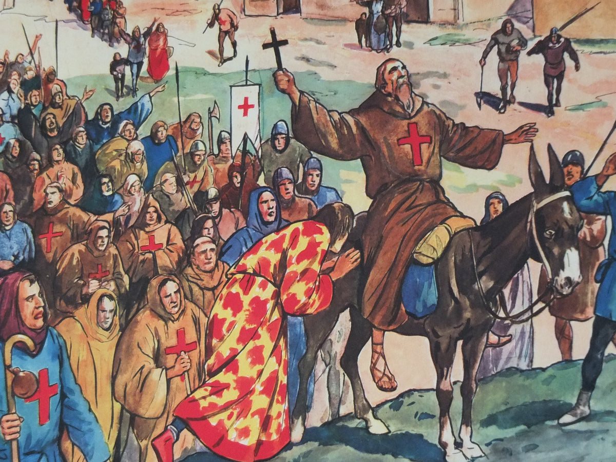 1960s French Crusades Poster, Vintage Rossignol double sided, castle interior red cross religious god christianity