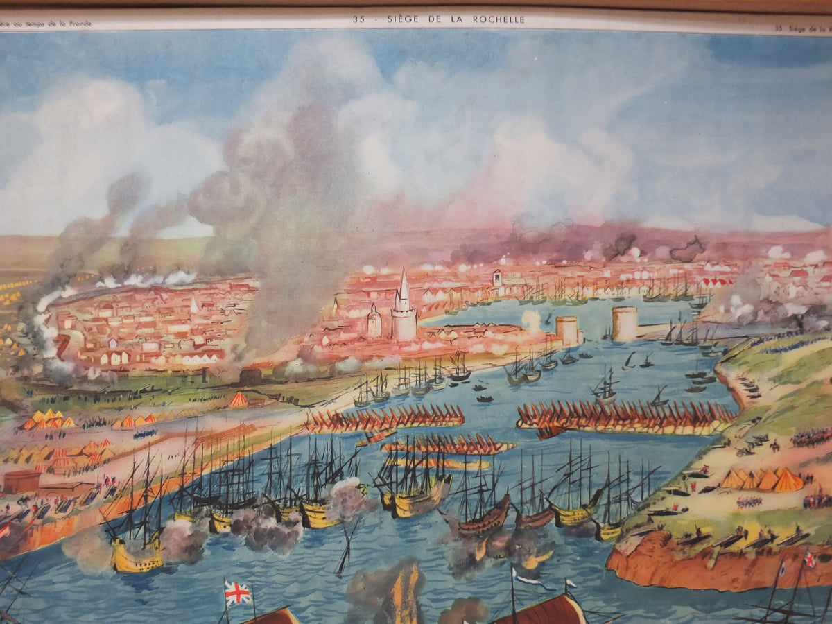 Vintage French school poster wall chart Rossignol siege la rochelle fronde british navy civil war misery 1627 1628 1648 1653 interior design