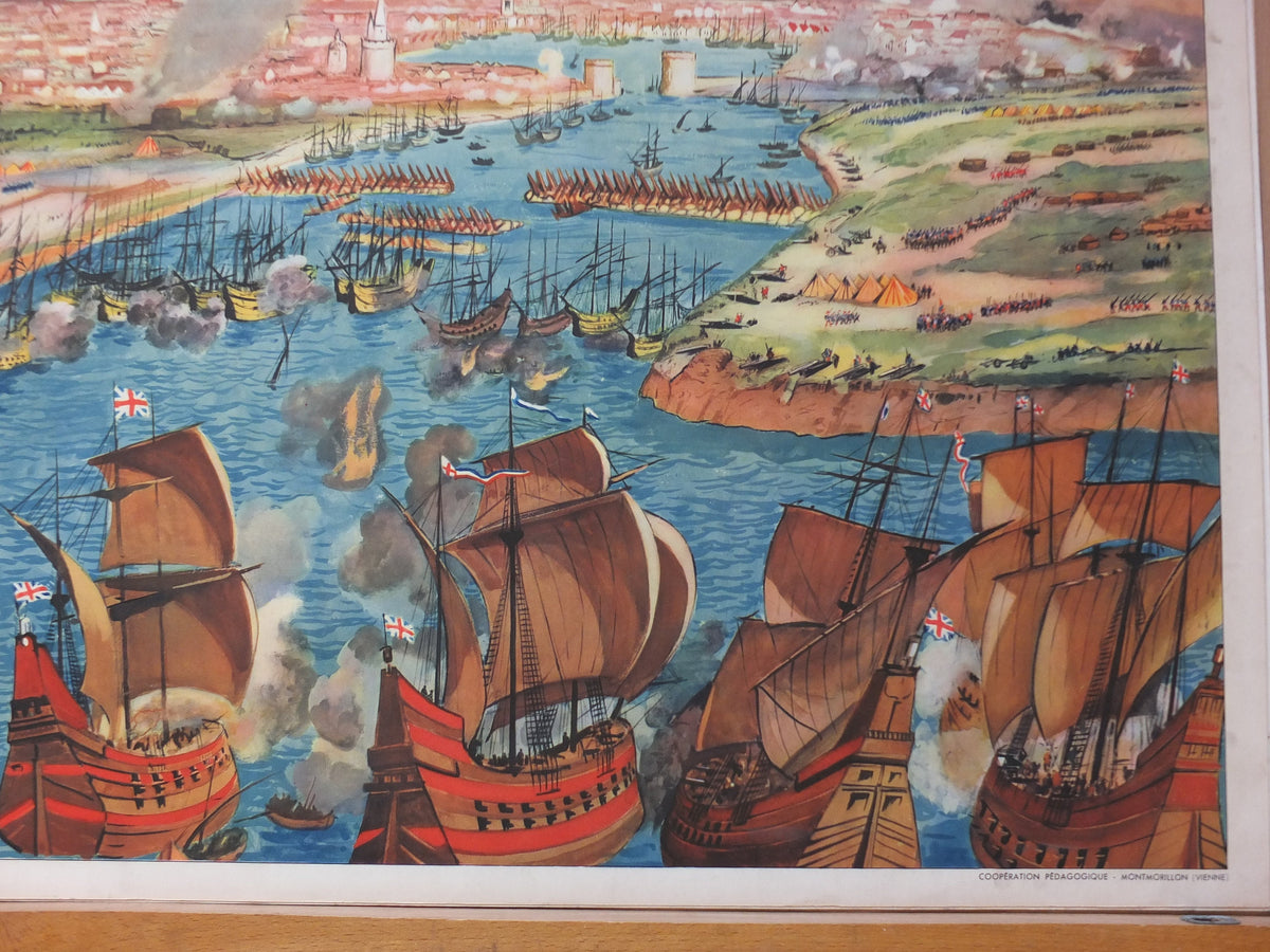Vintage French school poster wall chart Rossignol siege la rochelle fronde british navy civil war misery 1627 1628 1648 1653 interior design