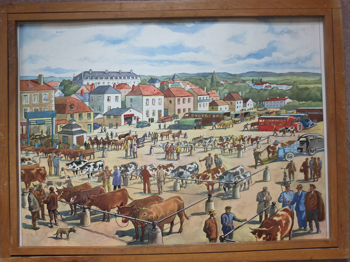 Vintage French school poster Rossignol textile clothes factory weaving wool farmers market agriculture cow horse wall chart interior design