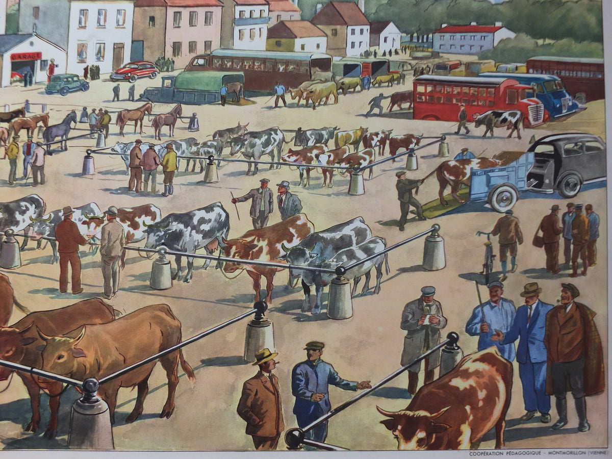 Vintage French school poster Rossignol textile clothes factory weaving wool farmers market agriculture cow horse wall chart interior design