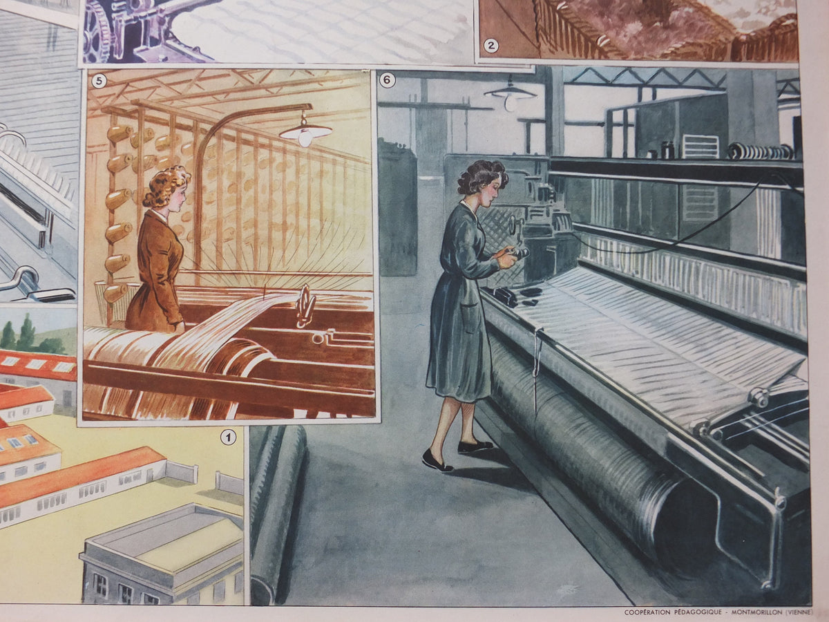 Vintage French school poster Rossignol textile clothes factory weaving wool farmers market agriculture cow horse wall chart interior design