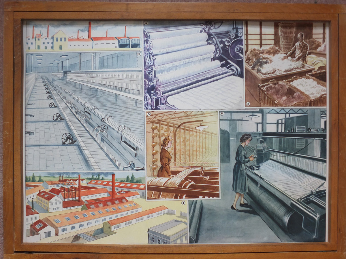 Vintage French school poster Rossignol textile clothes factory weaving wool farmers market agriculture cow horse wall chart interior design