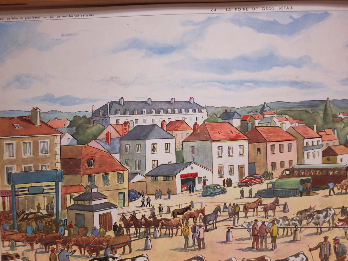 Vintage French school poster Rossignol textile clothes factory weaving wool farmers market agriculture cow horse wall chart interior design