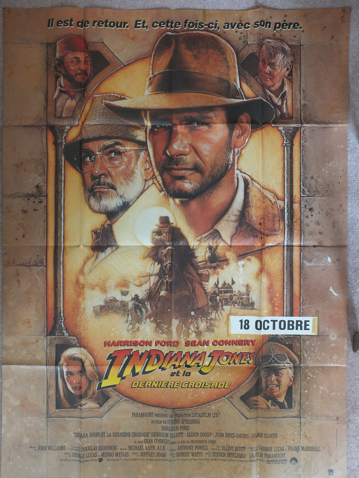 1989 Indiana Jones and the Last Crusade Poster, Original French "Grande" Poster, wall art decor, Harrison Ford, Sean Connery, George Lucas