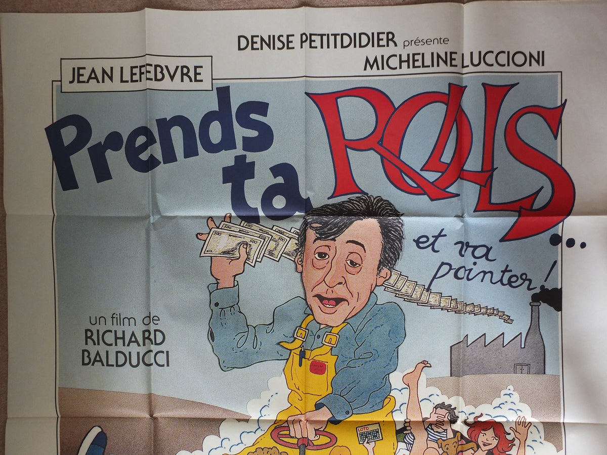 Original Vintage French Movie Poster Prends ta rolls et va pointer 1981 wall art affiche de film cartoon 1980s car yellow dungerees