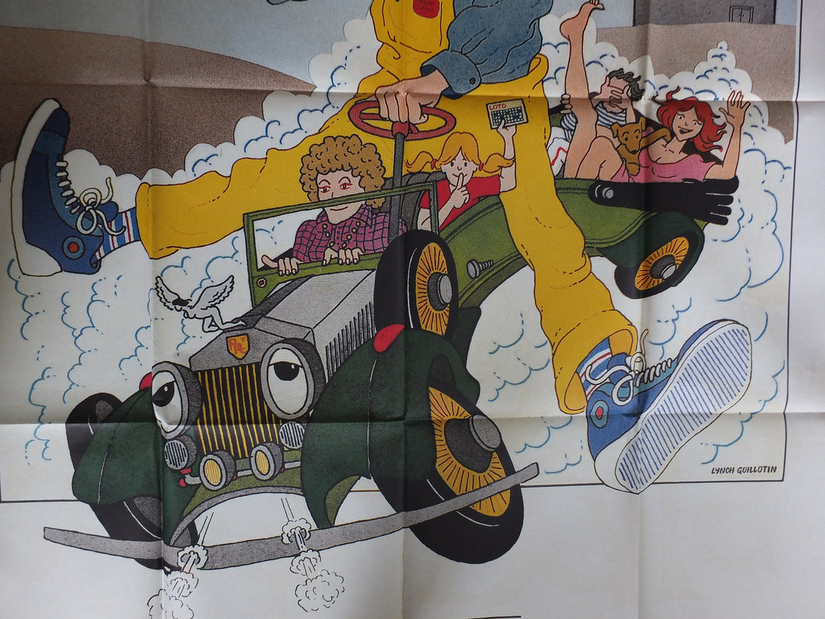 Original Vintage French Movie Poster Prends ta rolls et va pointer 1981 wall art affiche de film cartoon 1980s car yellow dungerees